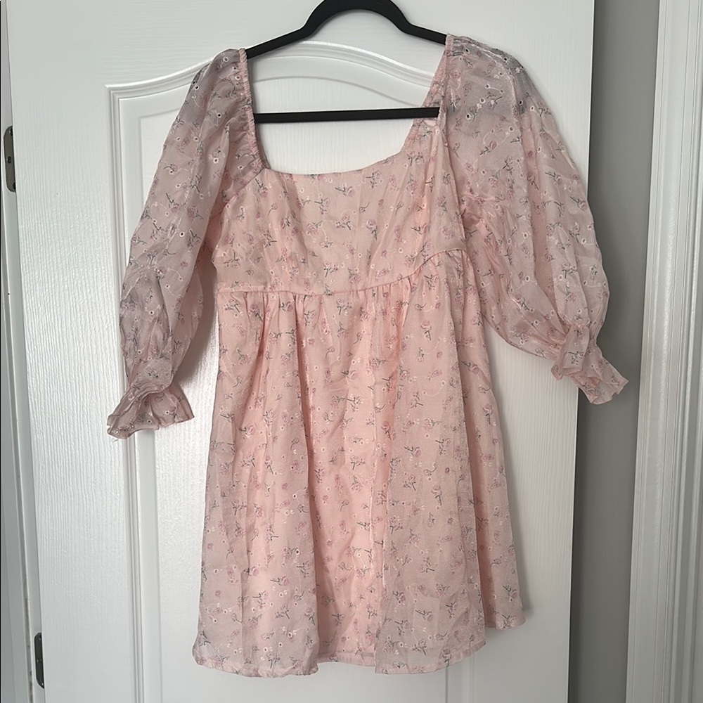 Pink Square Neck Sundress with Bishop Sleeves